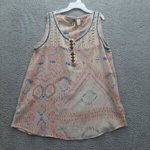 Gimmicks by BKE Crochet Tank Top Cream and Blue Boho festival whimsy